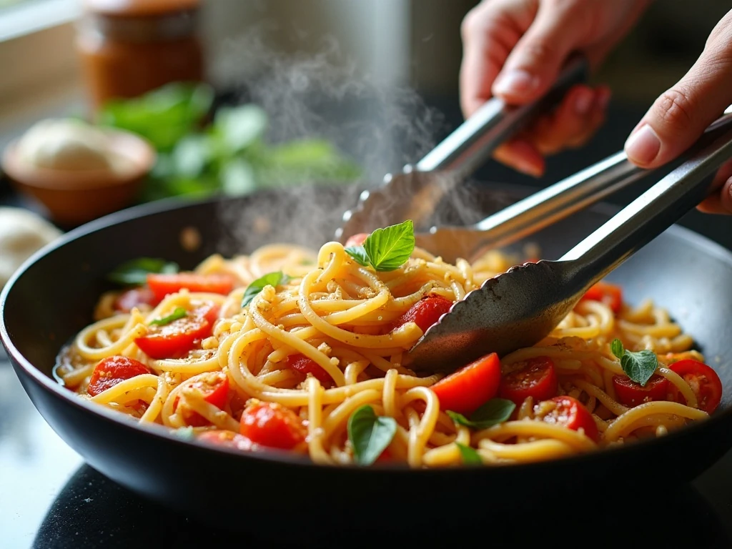 Pasta and vegetables cooking together in a wide skillet