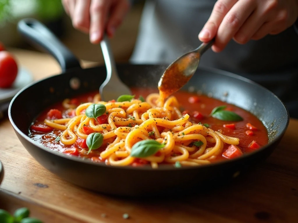 Frequently stirred one-pan pasta developing a glossy sauce