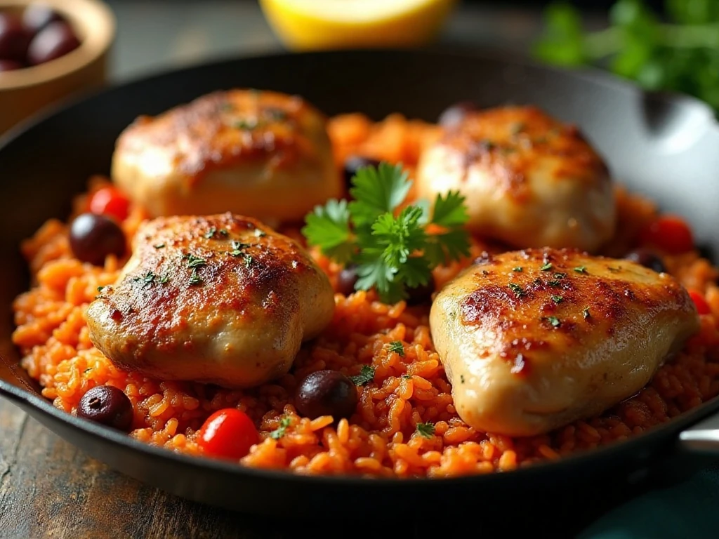 One-pan Spanish chicken and rice served in a skillet