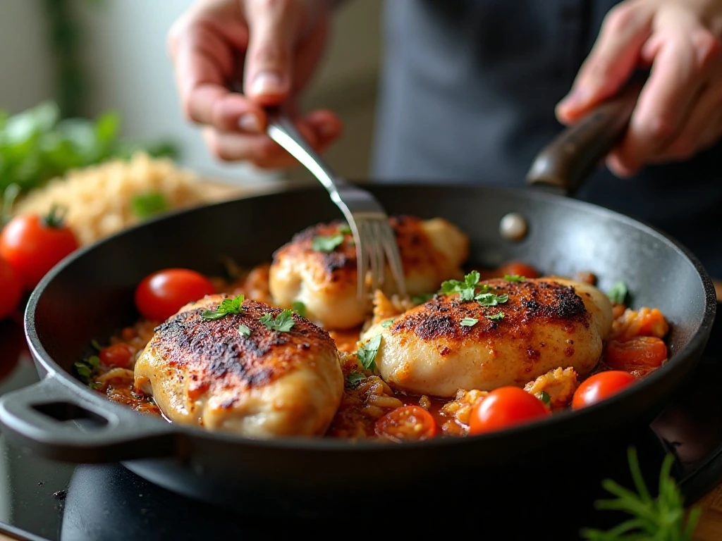 Chicken thighs searing in a skillet for Spanish chicken and rice