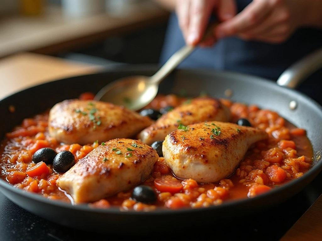Chicken nestled into tomato rice before baking