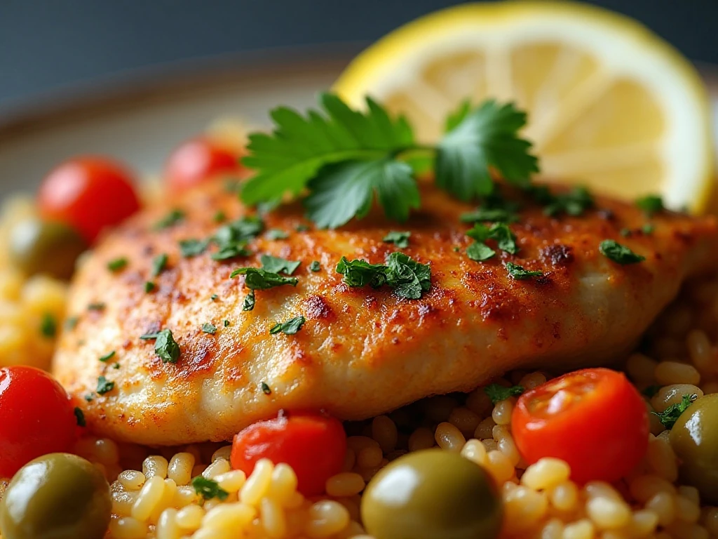 Parsley and lemon garnish on Spanish chicken and rice