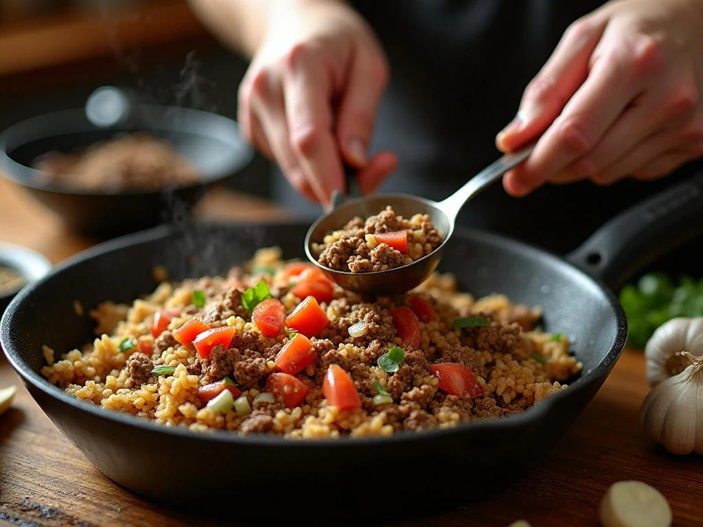 Ground beef and onion cooking in a skillet for a taco rice dinner