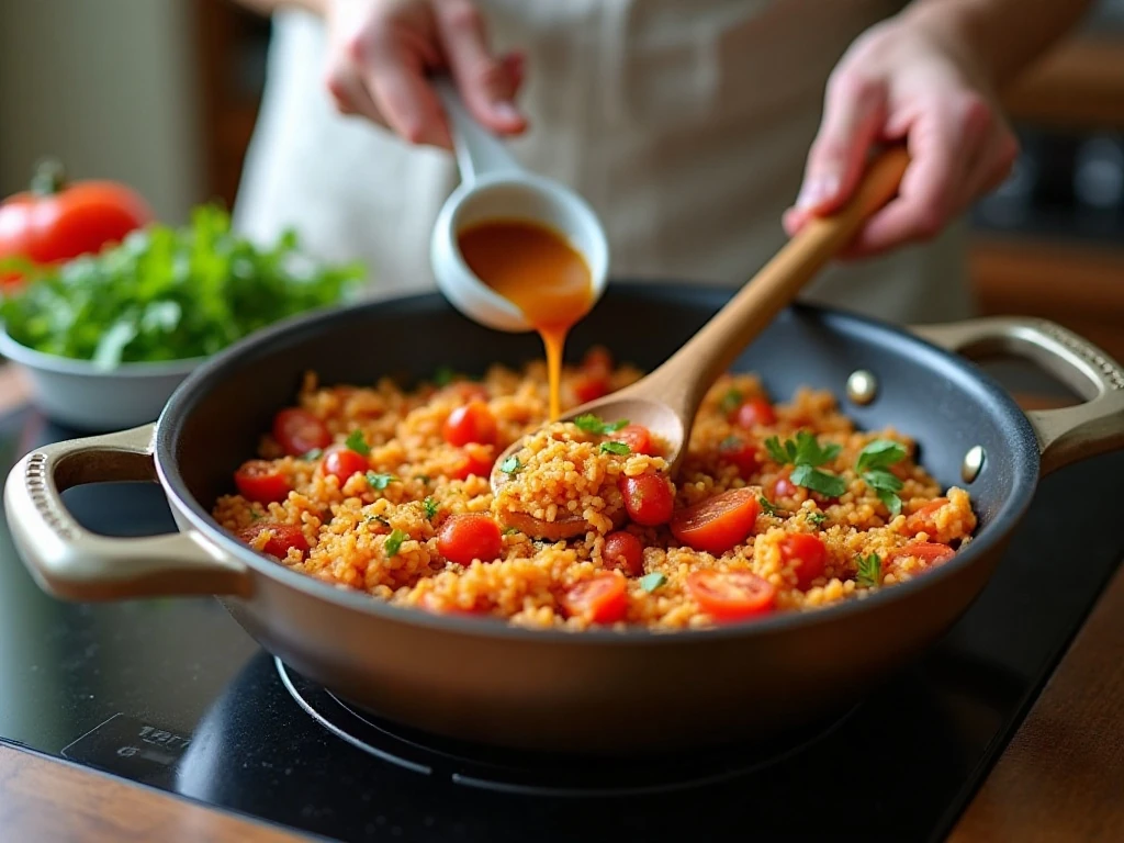 Rice simmering under a lid in a one-pot taco skillet
