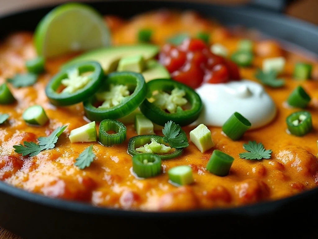 Cheesy taco skillet garnished with avocado, cilantro, jalapeño, salsa, and lime