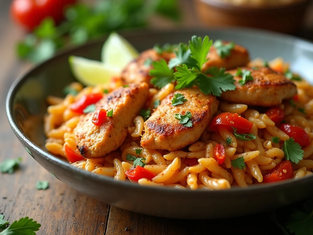 One-pot chicken fajita pasta with orzo served with colorful peppers and lime