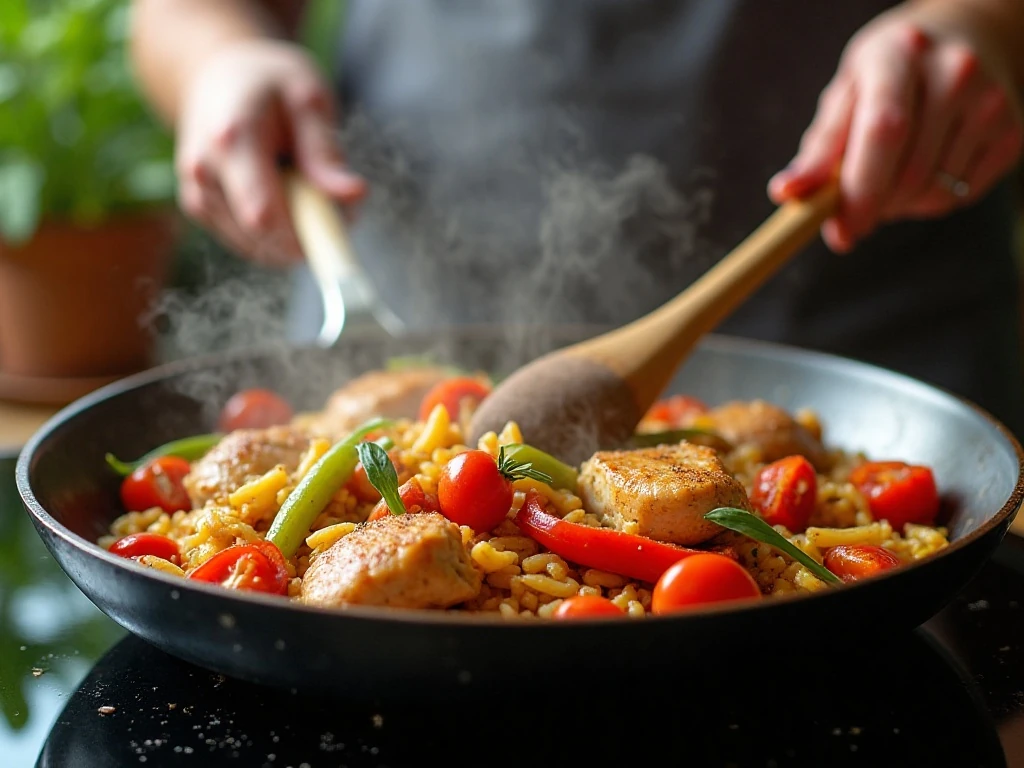 Chicken fajita orzo simmering in a deep skillet
