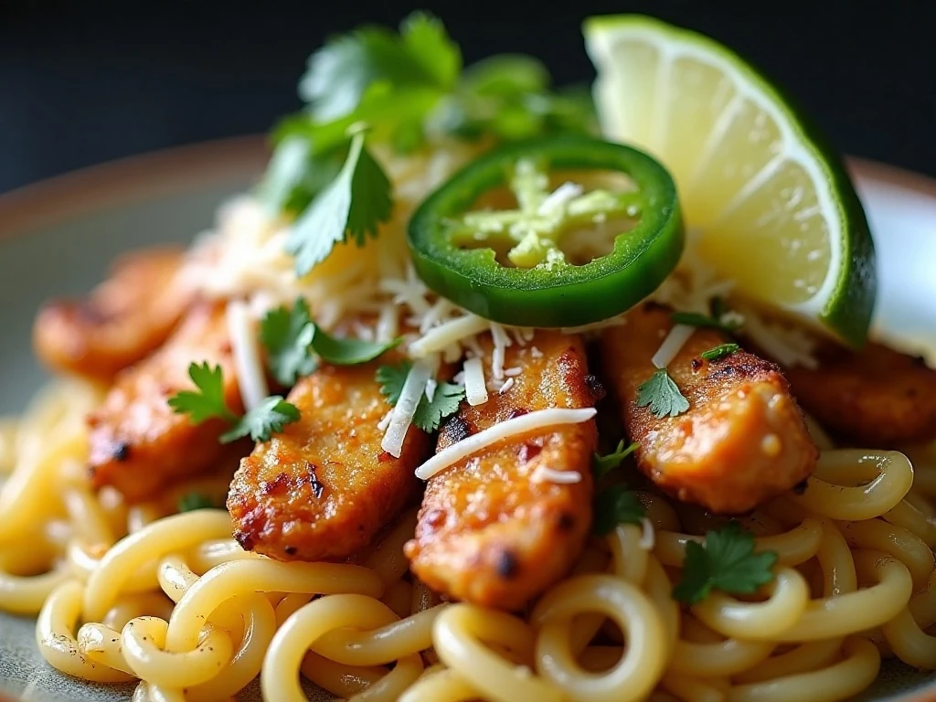 Chicken fajita orzo with cheese avocado jalapeño and lime toppings