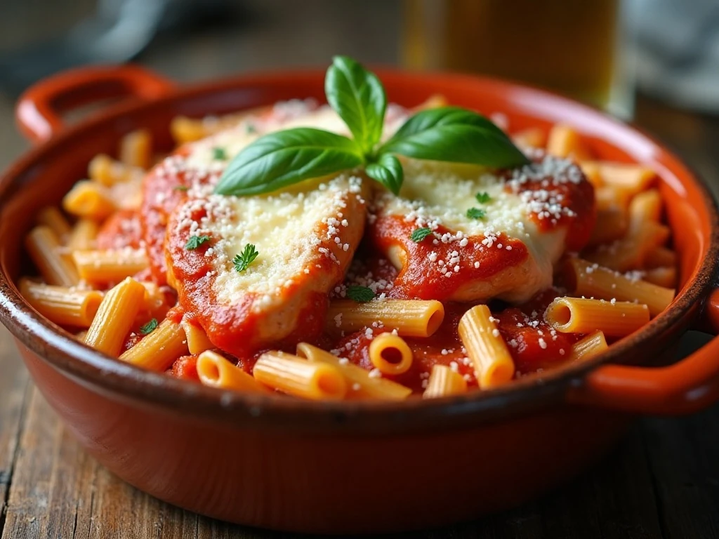 One-pot chicken Parmesan pasta served hot with melted mozzarella and basil