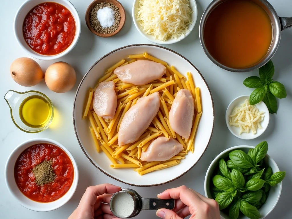 Ingredients for easy one-pot chicken Parmesan pasta