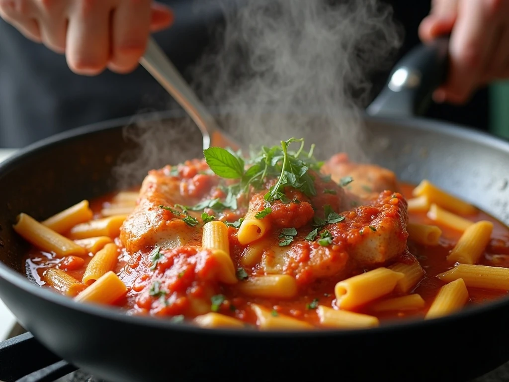 Chicken and penne simmering in marinara sauce in one skillet