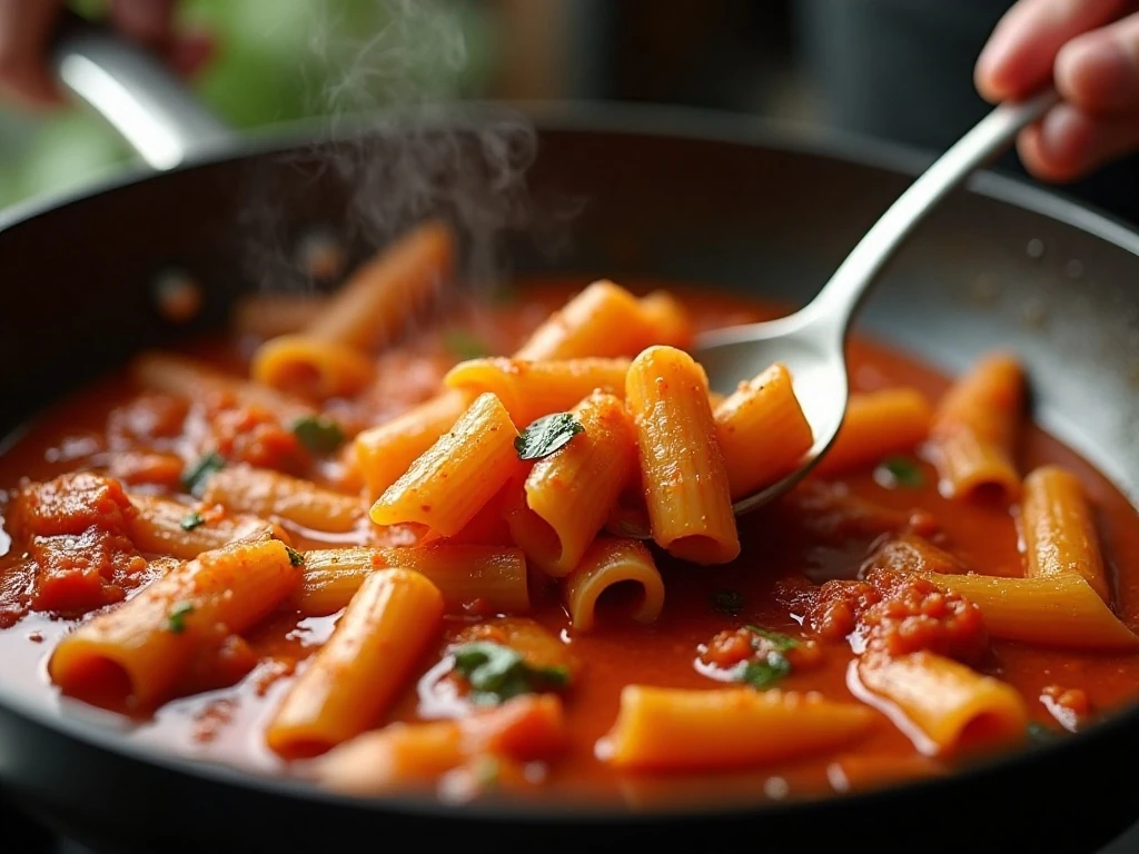 Stirring one-pot pasta as the marinara sauce thickens