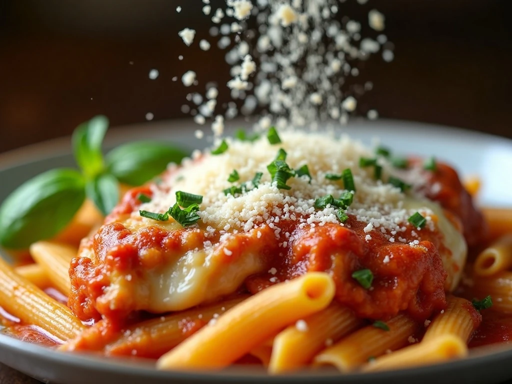 Basil and Parmesan garnish on chicken Parmesan pasta