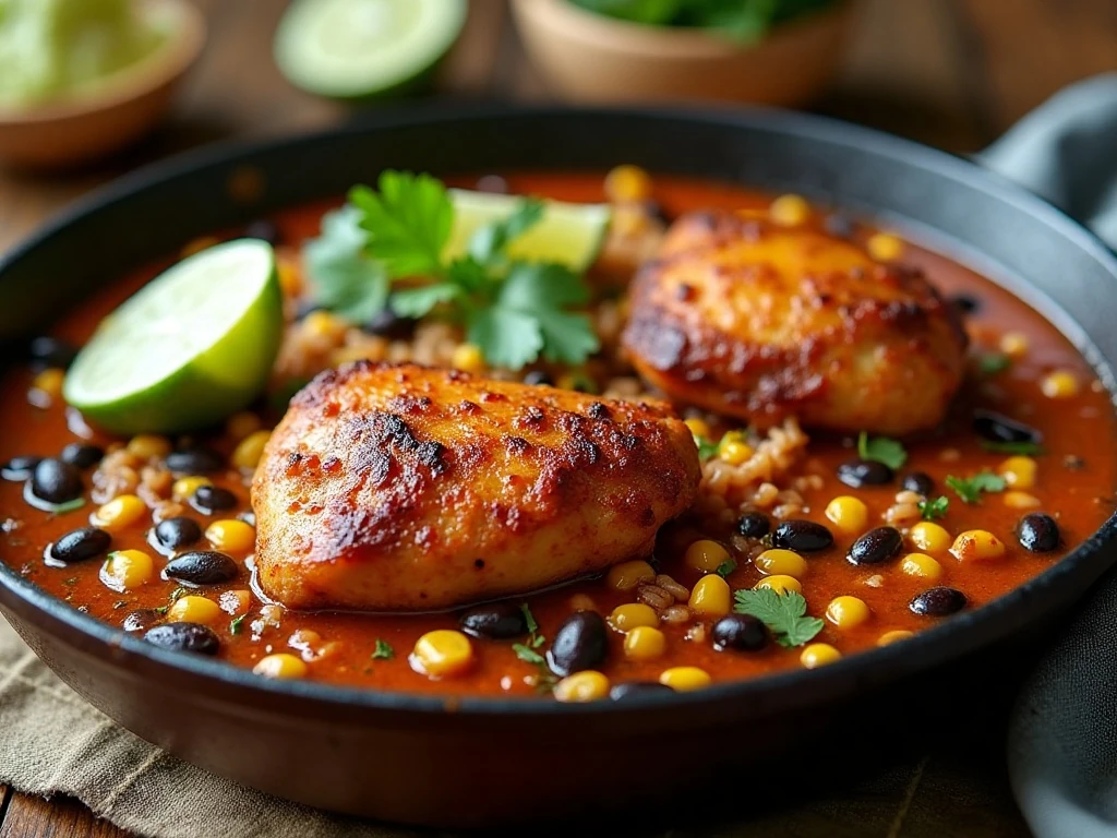 One-pot chili lime chicken with rice, black beans, corn, cilantro, and lime