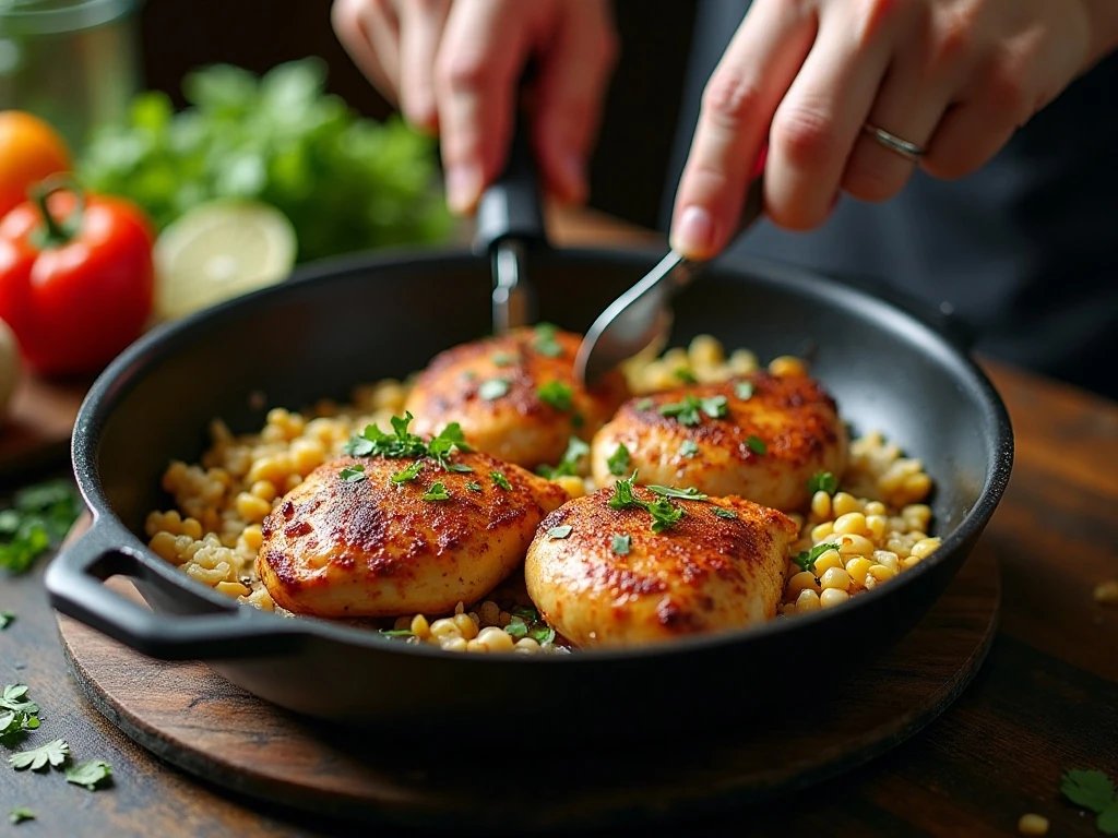 Chicken thighs searing before rice and vegetables are added