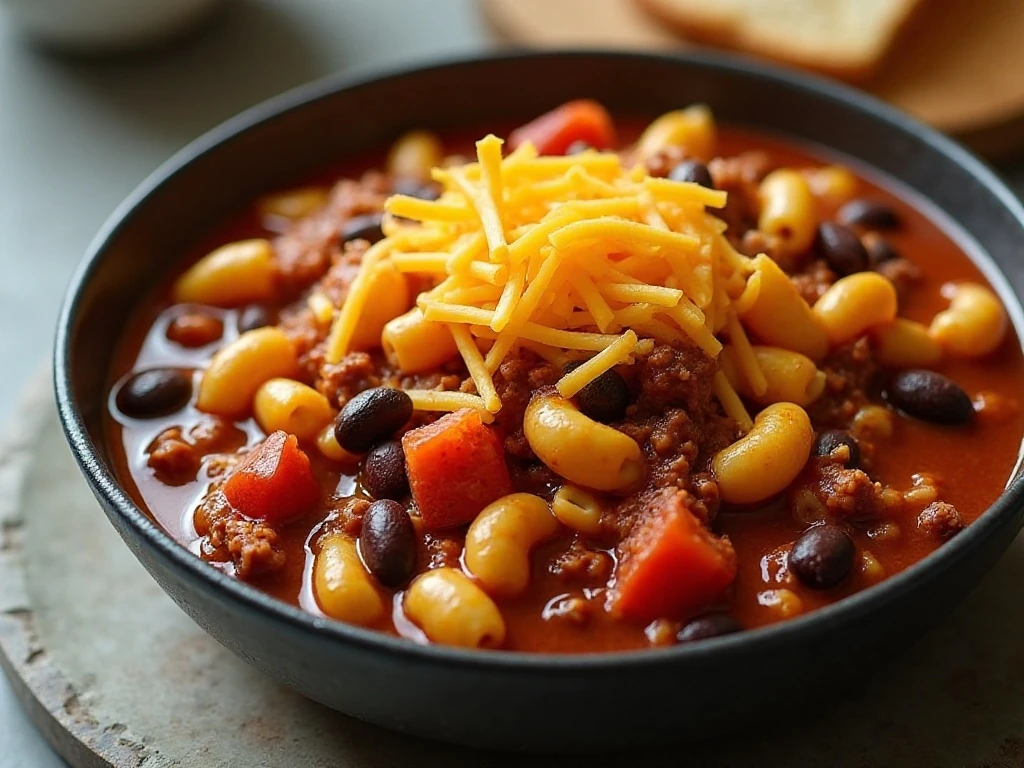 Hearty bowl of one-pot chili mac and cheese with beef, beans, tomatoes, and cheddar