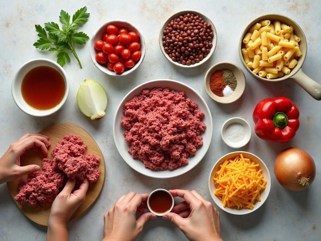 Ingredients for one-pot chili mac and cheese arranged on a counter