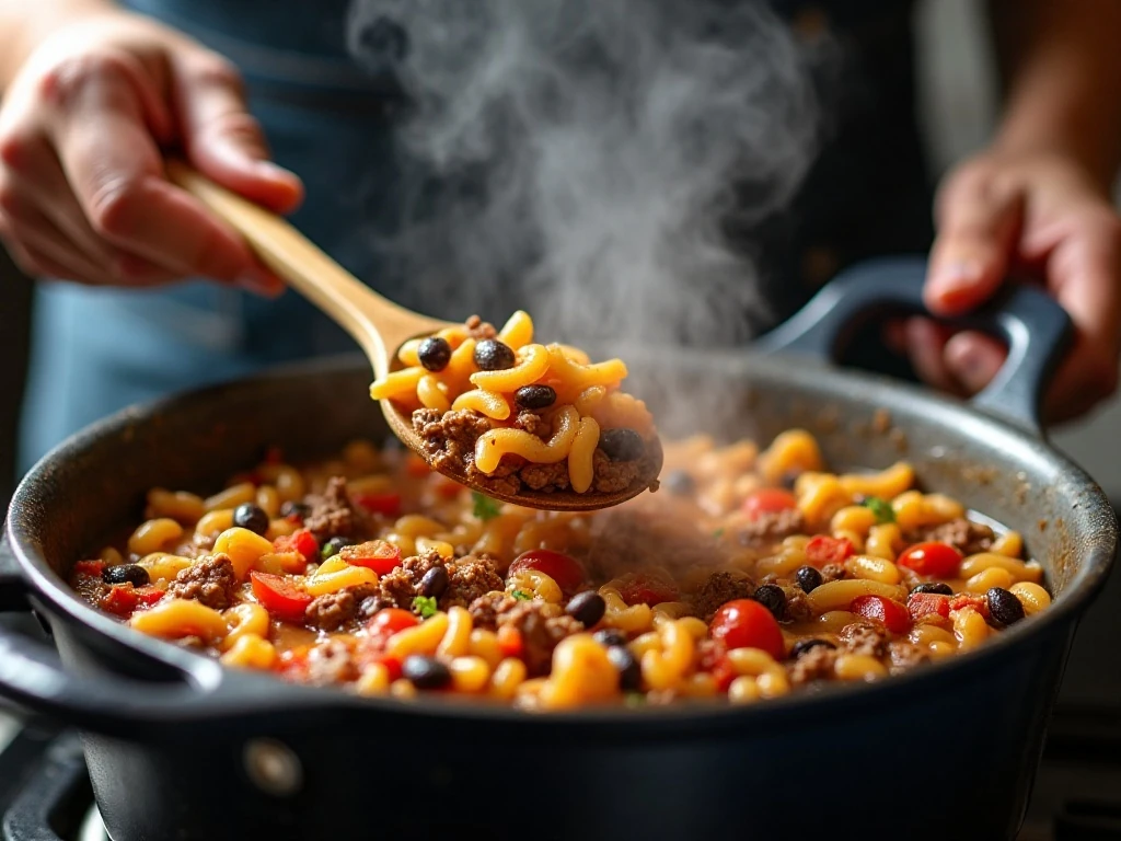 Macaroni and chili mixture simmering in a Dutch oven