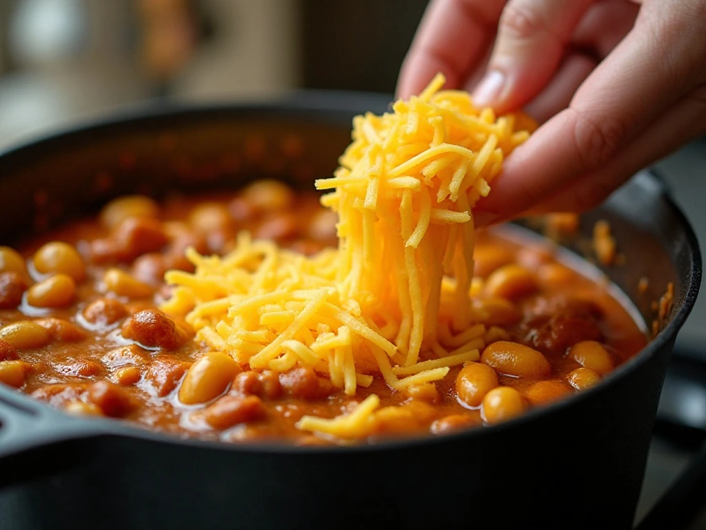 Sharp cheddar melting into creamy one-pot chili mac