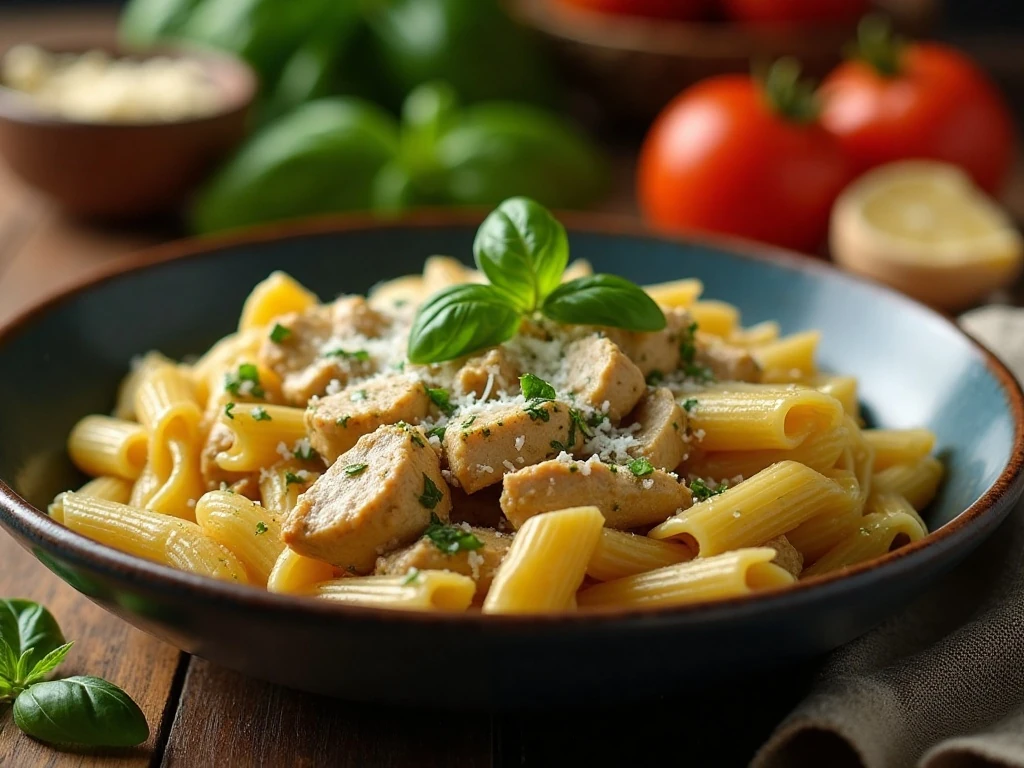Creamy pesto chicken pasta served in a bowl