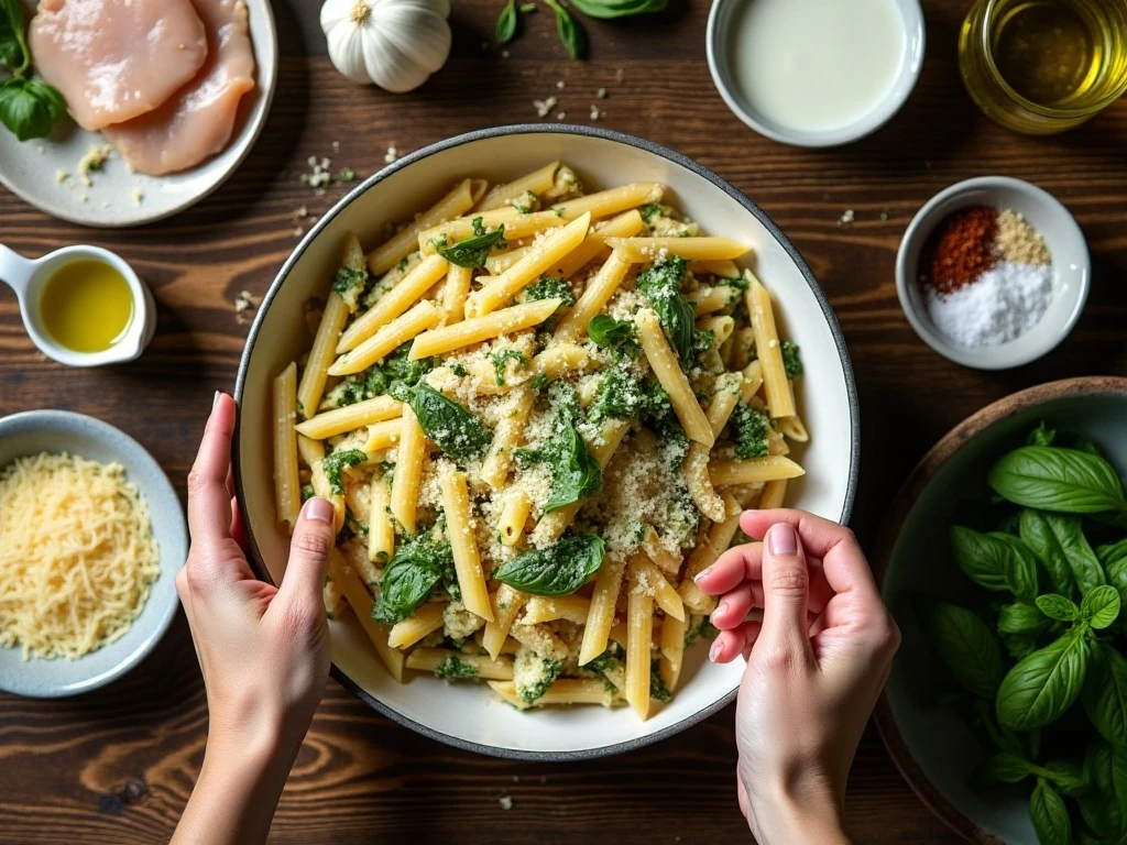 Ingredients for one-pot creamy pesto chicken pasta