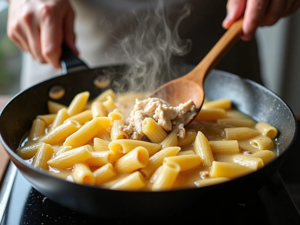 Penne and chicken simmering together in one pot