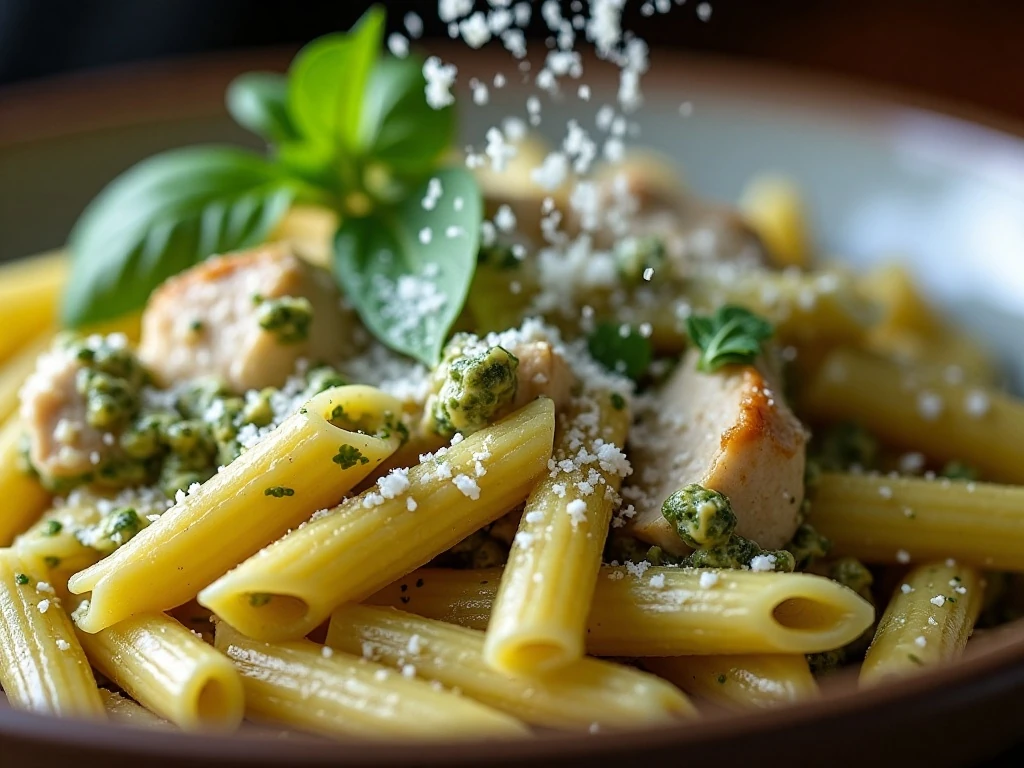 Parmesan and fresh basil topping creamy pesto pasta