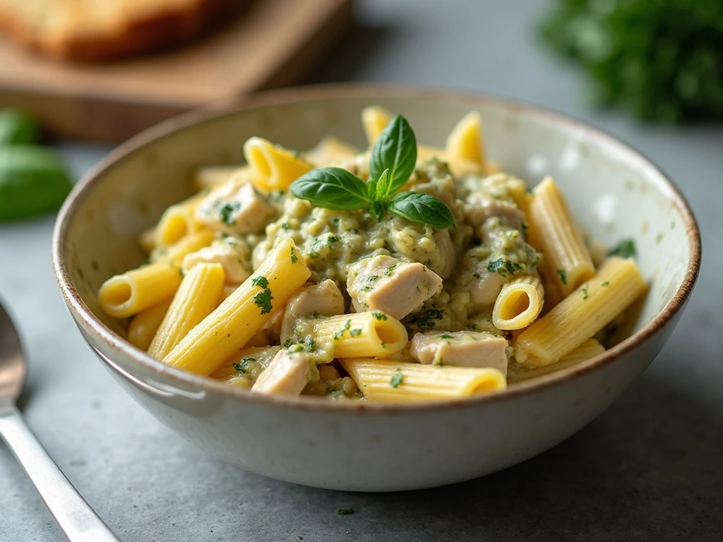 Creamy pesto chicken pasta ready to reheat and serve