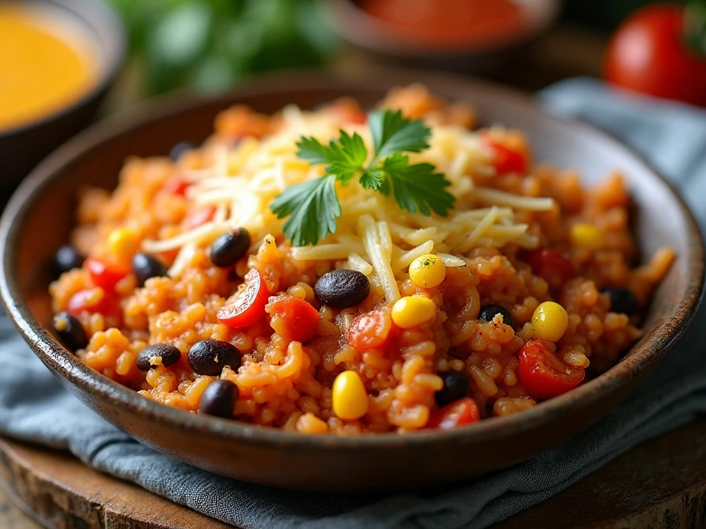 Cheesy one-pot enchilada rice casserole served for dinner
