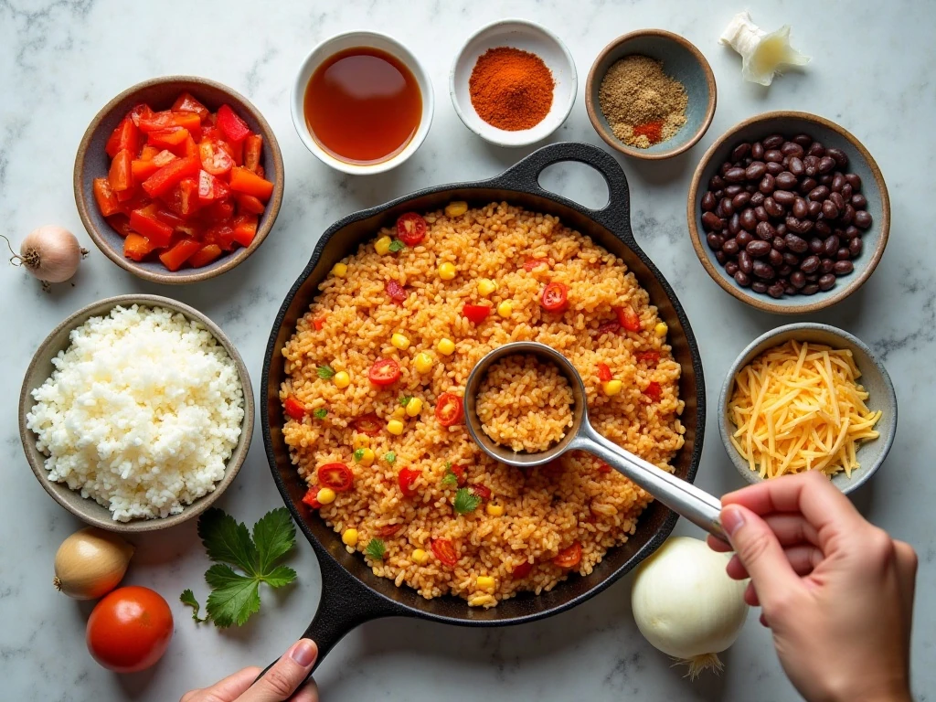 Ingredients for one-pot enchilada rice casserole