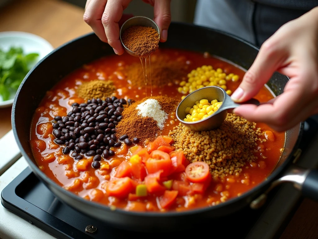 Cooking rice and vegetables for enchilada casserole in one skillet