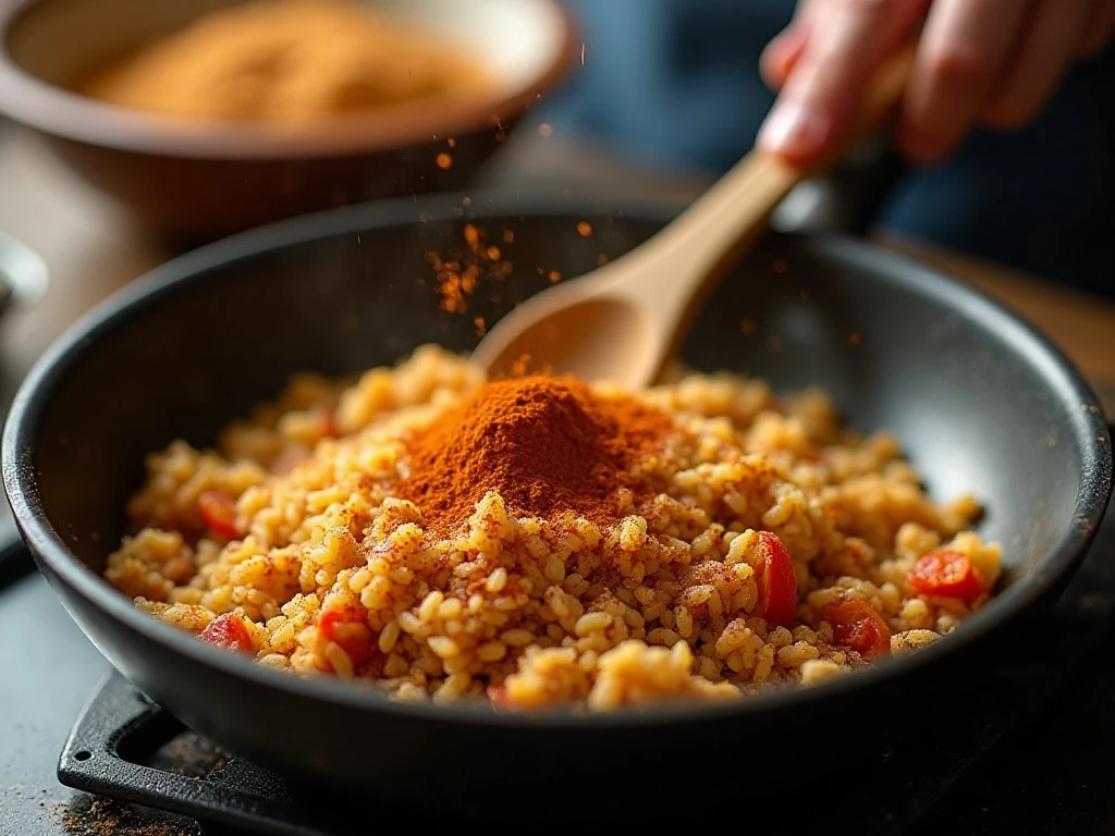 Toasting rice with vegetables and spices for enchilada casserole