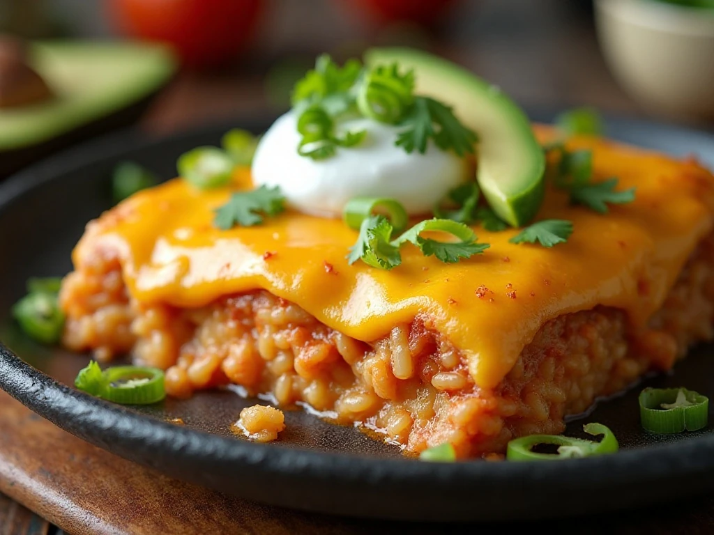 Enchilada rice casserole topped with cilantro avocado and sour cream