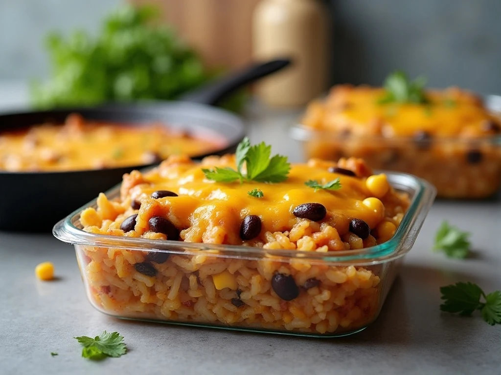 Leftover enchilada rice casserole ready for reheating