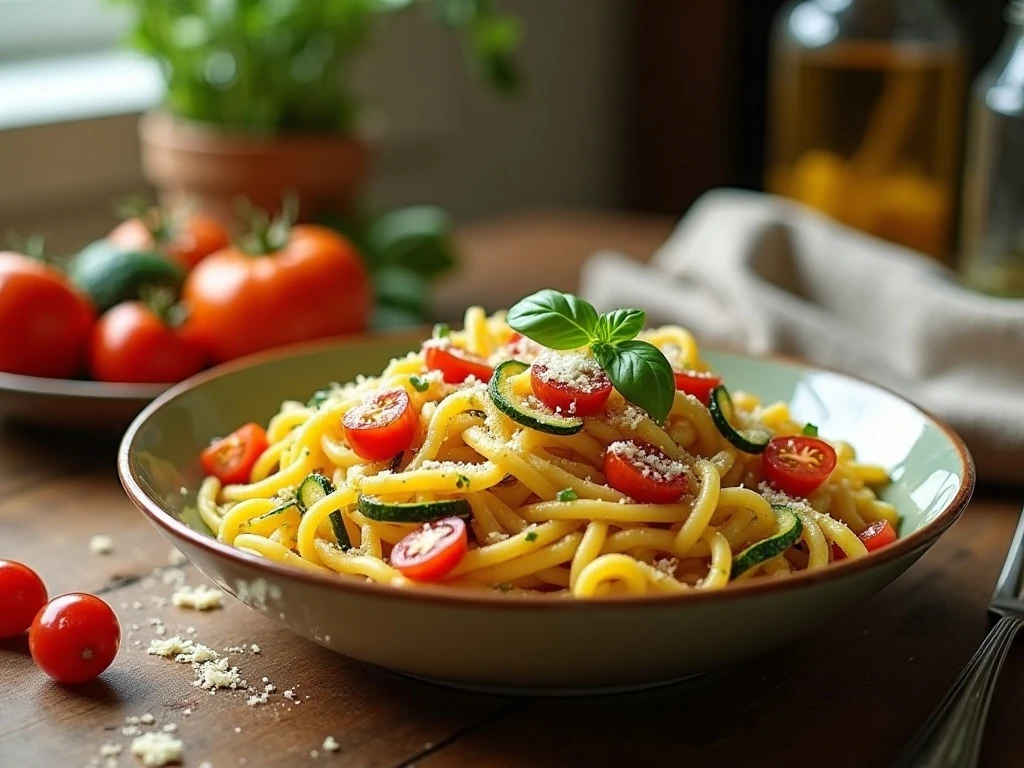 Colorful one-pot farmer's market pasta filled with summer vegetables