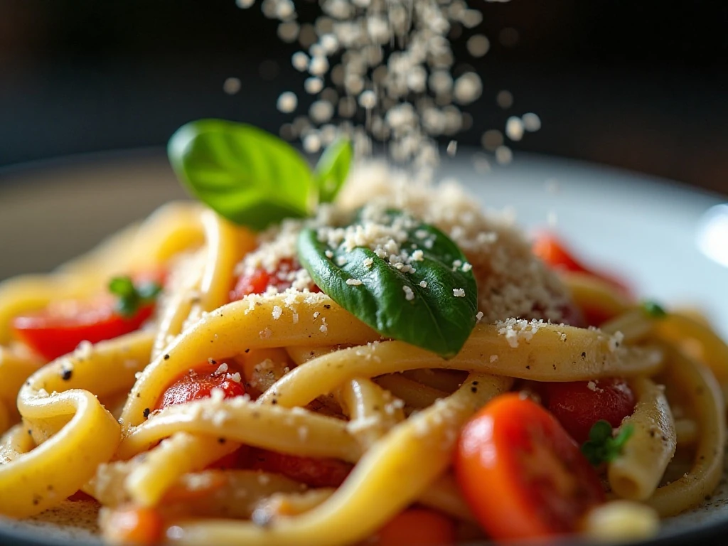Parmesan and basil finishing a creamy one-pot vegetable pasta