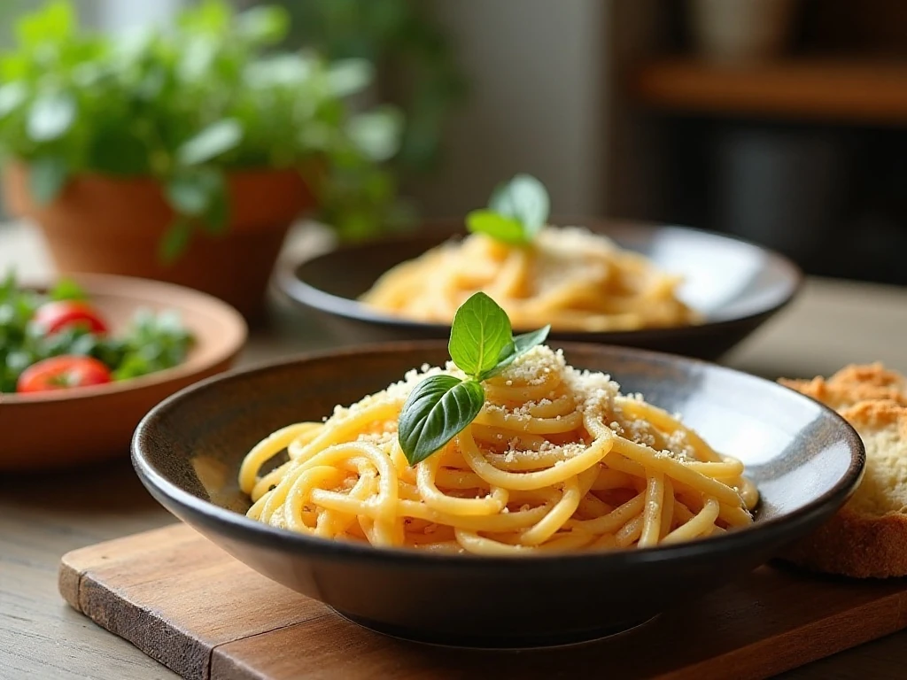One-pot summer pasta served with bread and a fresh salad