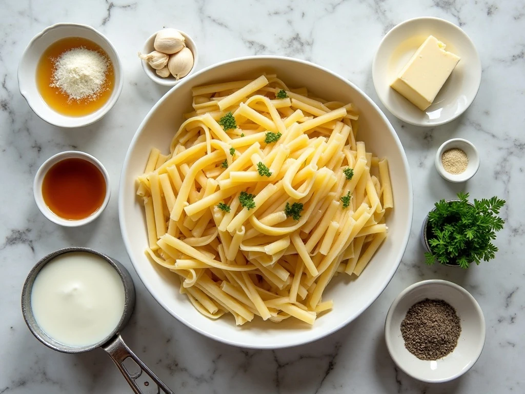 Ingredients arranged for easy one-pot fettuccine Alfredo