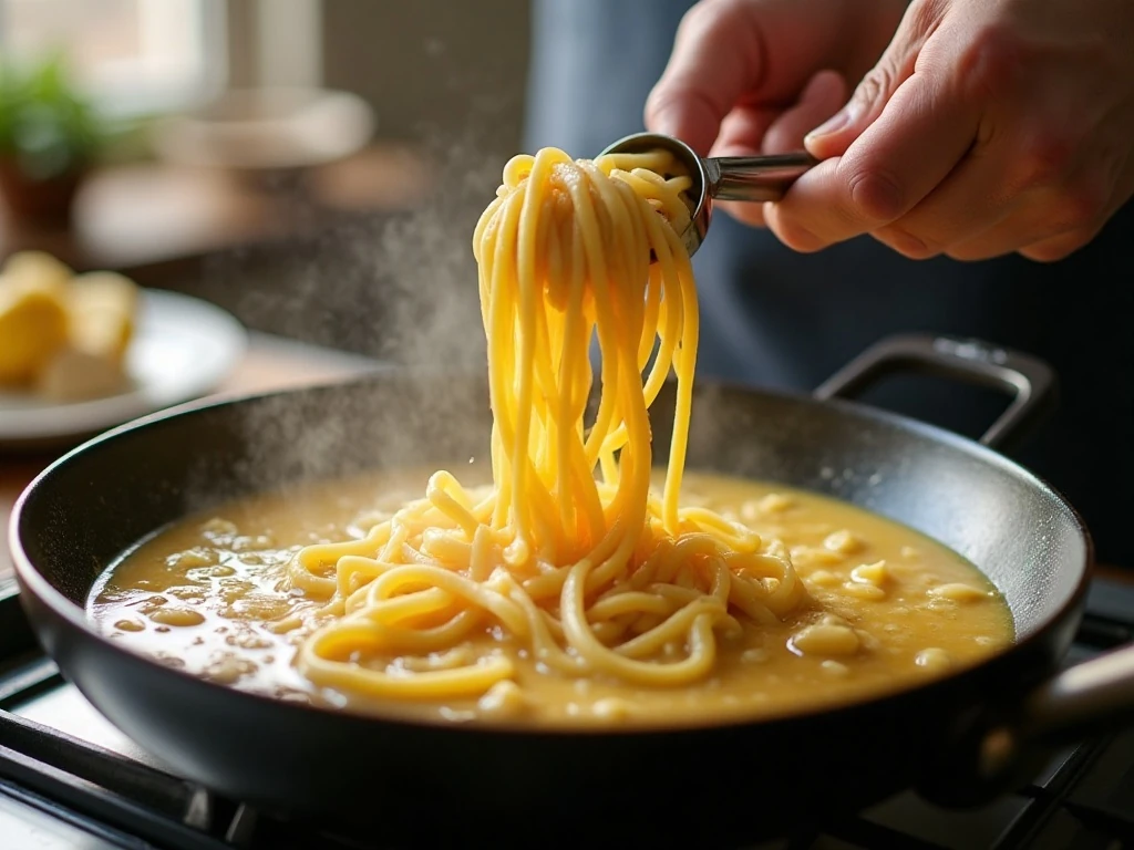 Fettuccine cooking directly in broth and cream in one pan