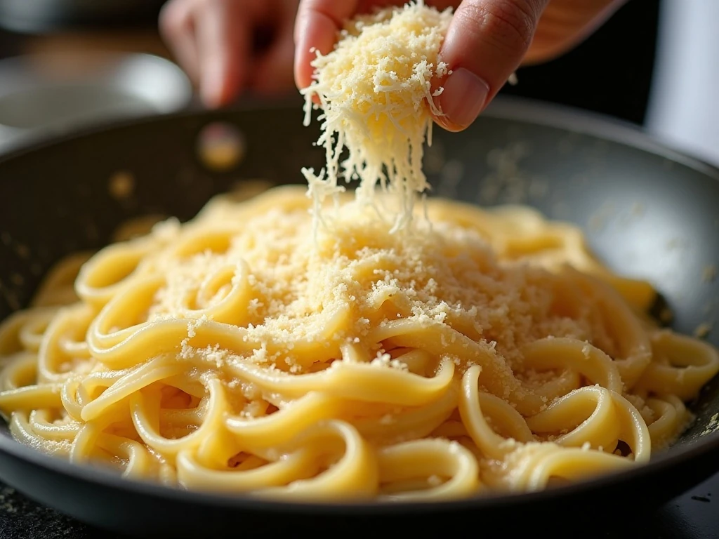 Fresh Parmesan being stirred into creamy Alfredo pasta
