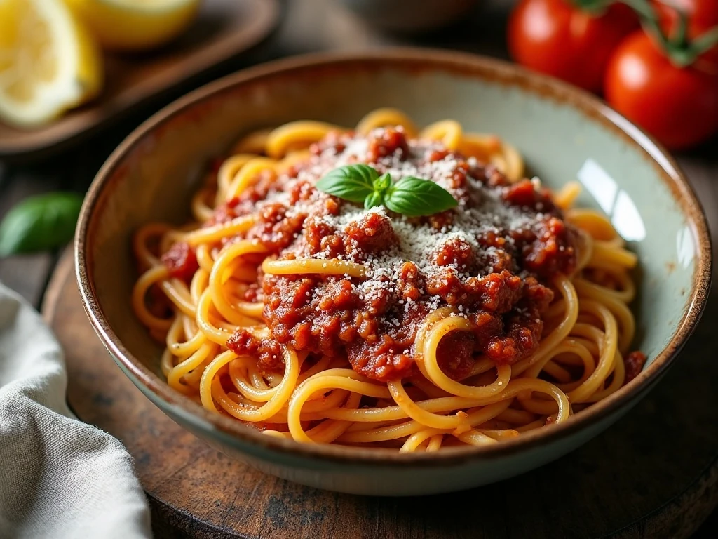 A bowl of rich one-pot fettuccine Bolognese topped with Parmesan