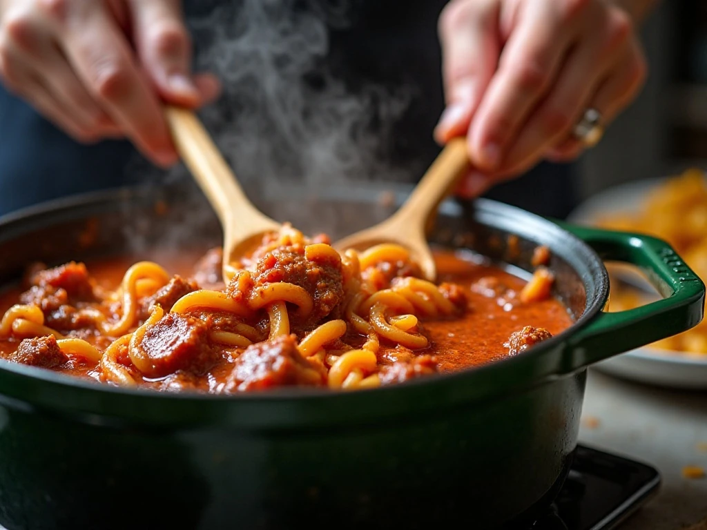 Fettuccine cooking directly in beef and tomato Bolognese sauce