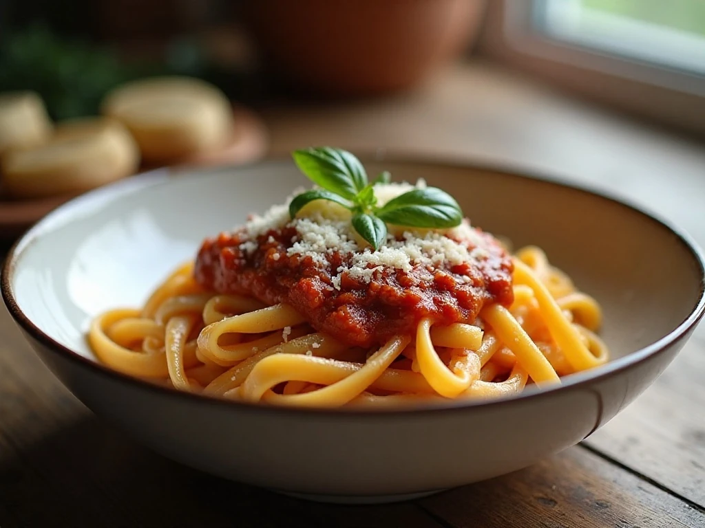 Reheated one-pot fettuccine Bolognese ready to serve