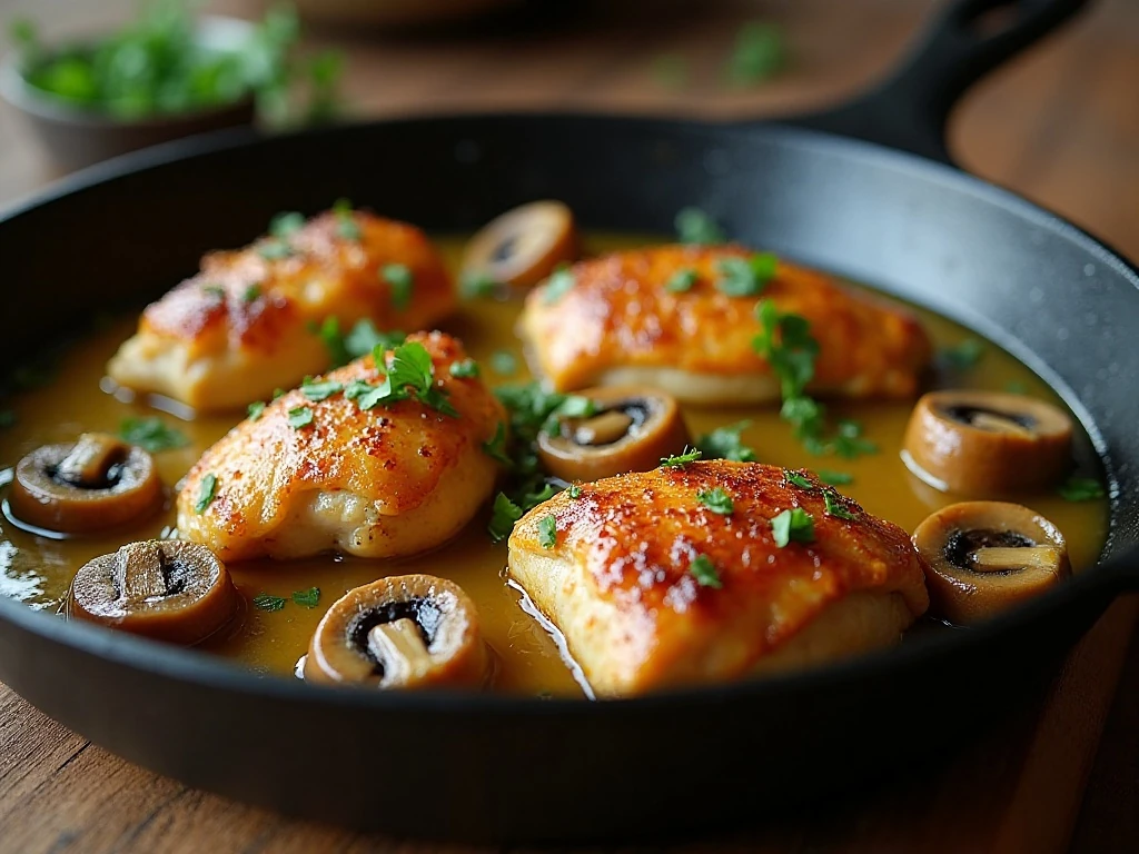 One-pot garlic butter chicken thighs and mushrooms served in a skillet