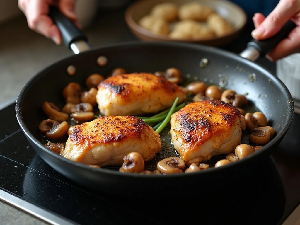 Chicken thighs and mushrooms cooking in one skillet