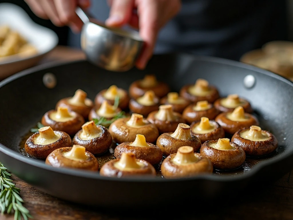 Mushrooms browning in butter for chicken skillet dinner