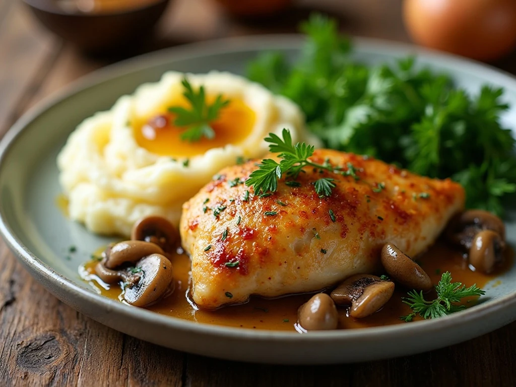 Garlic butter chicken thighs served with mushrooms and side dishes