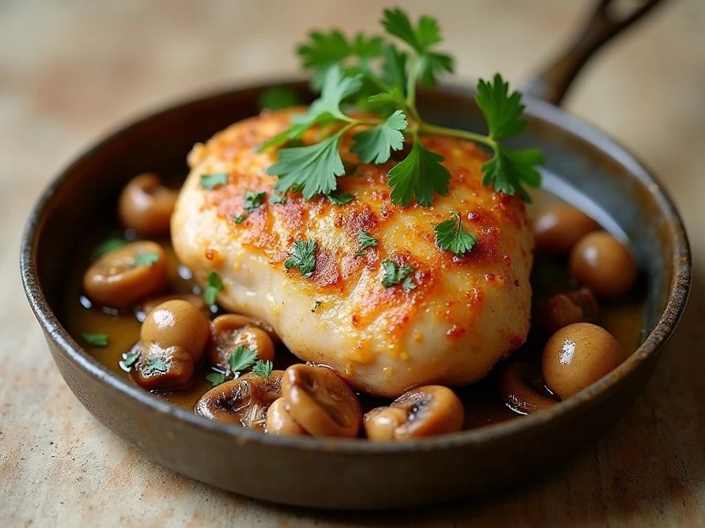 Reheated garlic butter chicken thighs and mushrooms with pan juices