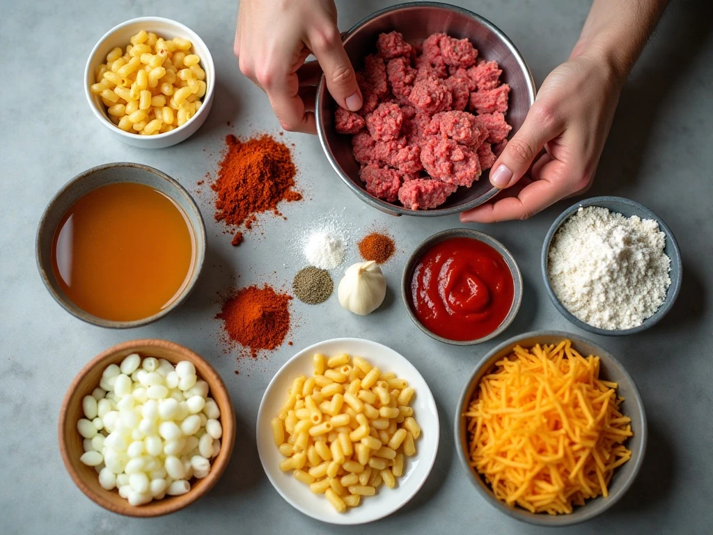 Ingredients for one-pot homemade hamburger helper