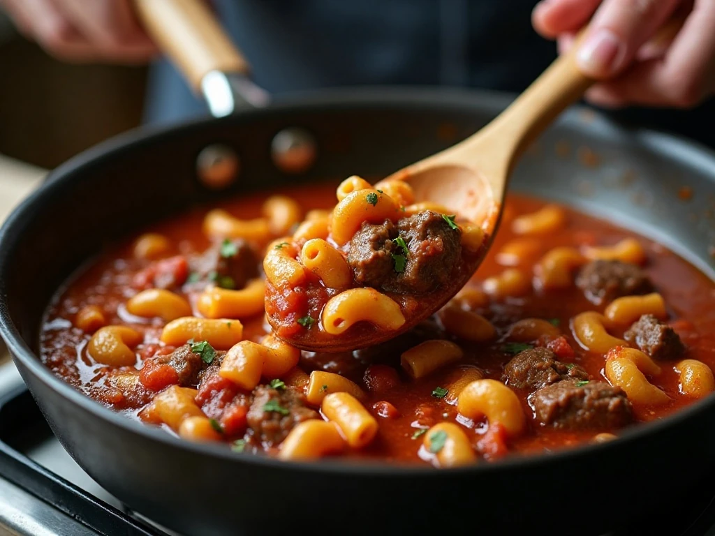 Stirring hamburger helper ingredients in a deep skillet